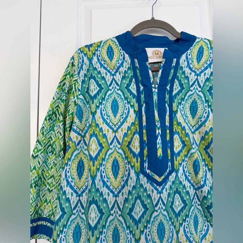 NICOBLU Nicobar Tunic Jungle Green Ikat Pullover Resortwear Cotton